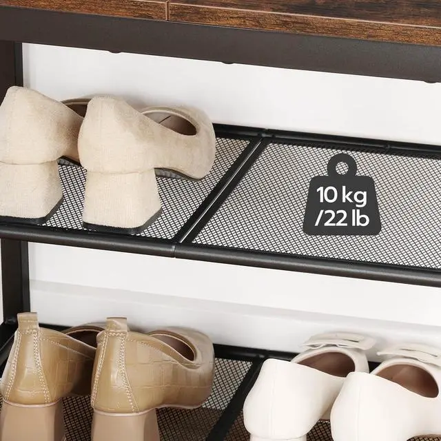 Alt view image 6 of 7 - Shoe Bench, 3-Tier Shoe Rack, Industrial Shoe Organizer Storage Bench, 19.7 inches Entry Bench with Mesh Shelves, for Entryway, Living Room, Hallway, Easy Assembly, Rustic Brown BF50HX01
