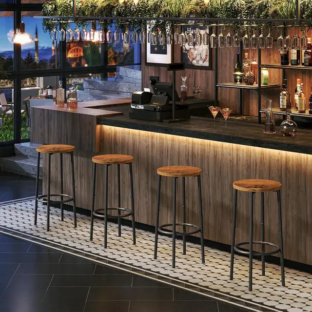 Alt view image 5 of 7 - Bar Stools, Set of 4 Bar Chairs, Kitchen Round Height Stools with Footrest, Breakfast Bar Stools, Sturdy Steel Frame, for Dining Room, Kitchen, Party, Easy Assembly, Rustic Brown BF03BYP401N1