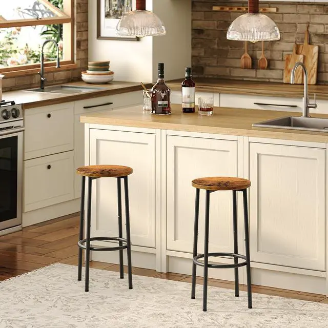 Alt view image 6 of 7 - Bar Stools, Set of 4 Bar Chairs, Kitchen Round Height Stools with Footrest, Breakfast Bar Stools, Sturdy Steel Frame, for Dining Room, Kitchen, Party, Easy Assembly, Rustic Brown BF03BYP401N1