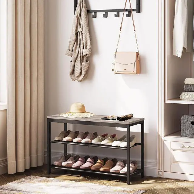 Alt view image 2 of 7 - Shoe Bench, 3-Tier Shoe Rack, Industrial Shoe Organizer Storage Bench, 29.5 inches Entry Bench with Mesh Shelves, for Entryway, Living Room, Hallway, Easy Assembly, Greige BG75HX01