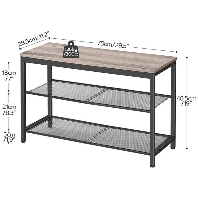 Alt view image 3 of 7 - Shoe Bench, 3-Tier Shoe Rack, Industrial Shoe Organizer Storage Bench, 29.5 inches Entry Bench with Mesh Shelves, for Entryway, Living Room, Hallway, Easy Assembly, Greige BG75HX01