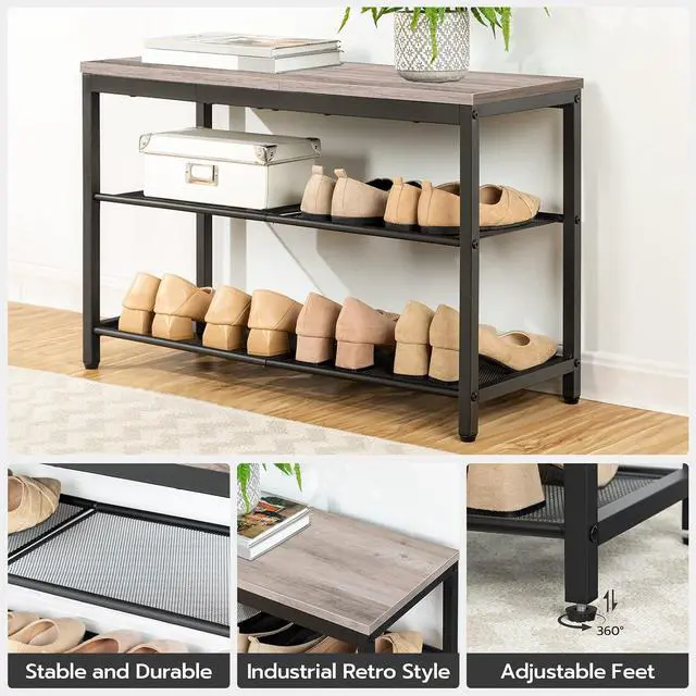 Alt view image 5 of 7 - Shoe Bench, 3-Tier Shoe Rack, Industrial Shoe Organizer Storage Bench, 29.5 inches Entry Bench with Mesh Shelves, for Entryway, Living Room, Hallway, Easy Assembly, Greige BG75HX01