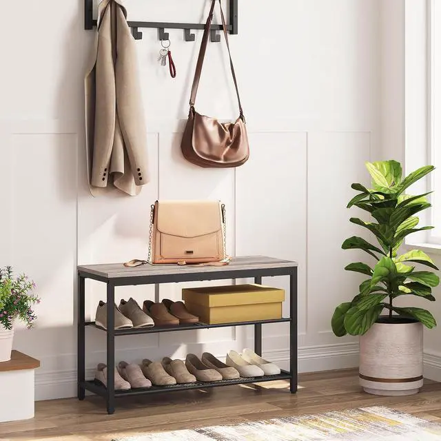 Alt view image 4 of 7 - Shoe Bench, 3-Tier Shoe Rack, Industrial Shoe Organizer Storage Bench, 29.5 inches Entry Bench with Mesh Shelves, for Entryway, Living Room, Hallway, Easy Assembly, Greige BG75HX01