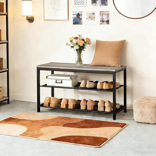 Alt view image 7 of 7 - Shoe Bench, 3-Tier Shoe Rack, Industrial Shoe Organizer Storage Bench, 29.5 inches Entry Bench with Mesh Shelves, for Entryway, Living Room, Hallway, Easy Assembly, Greige BG75HX01
