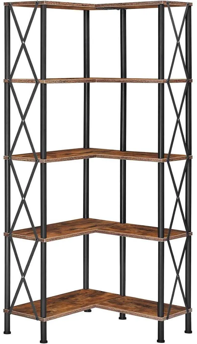 Main image of Corner Bookshelf, 5-Tier L-Shaped Bookcase, Industrial Open Display Shelf Tall Storage Organizer, Vertical Storage Rack, for Living Room, Home Office, Rustic Brown and Black BF60SJ01