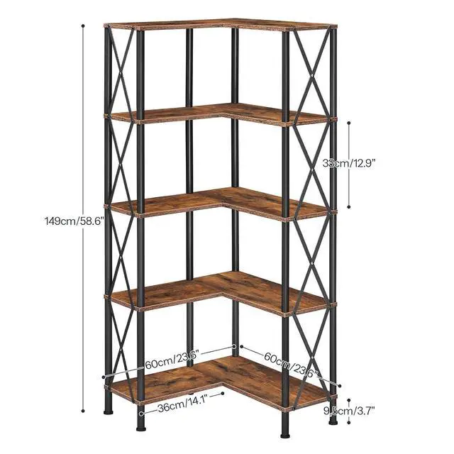 Alt view image 2 of 7 - Corner Bookshelf, 5-Tier L-Shaped Bookcase, Industrial Open Display Shelf Tall Storage Organizer, Vertical Storage Rack, for Living Room, Home Office, Rustic Brown and Black BF60SJ01