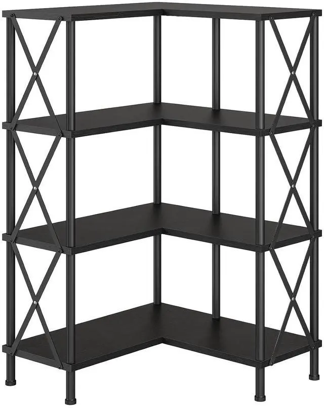Main image of Corner Bookshelf, 4-Tier L-Shaped Bookcase, Industrial Open Display Shelf Tall Storage Organizer, Vertical Storage Rack, for Living Room, Home Office, Black BB59SJ01
