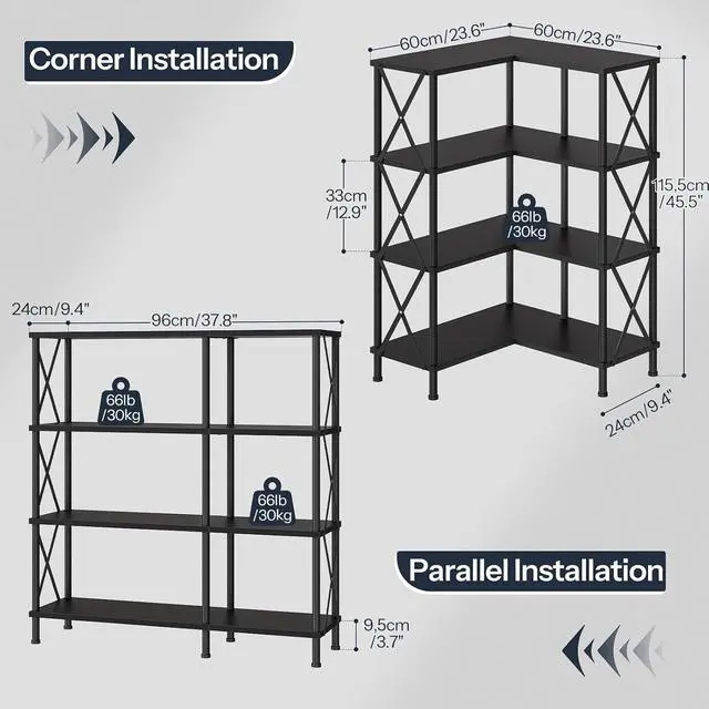 Alt view image 2 of 7 - Corner Bookshelf, 4-Tier L-Shaped Bookcase, Industrial Open Display Shelf Tall Storage Organizer, Vertical Storage Rack, for Living Room, Home Office, Black BB59SJ01