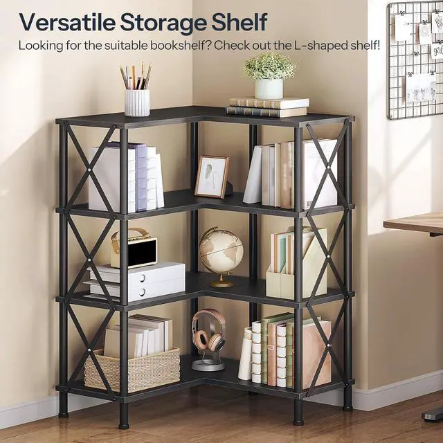 Alt view image 3 of 7 - Corner Bookshelf, 4-Tier L-Shaped Bookcase, Industrial Open Display Shelf Tall Storage Organizer, Vertical Storage Rack, for Living Room, Home Office, Black BB59SJ01