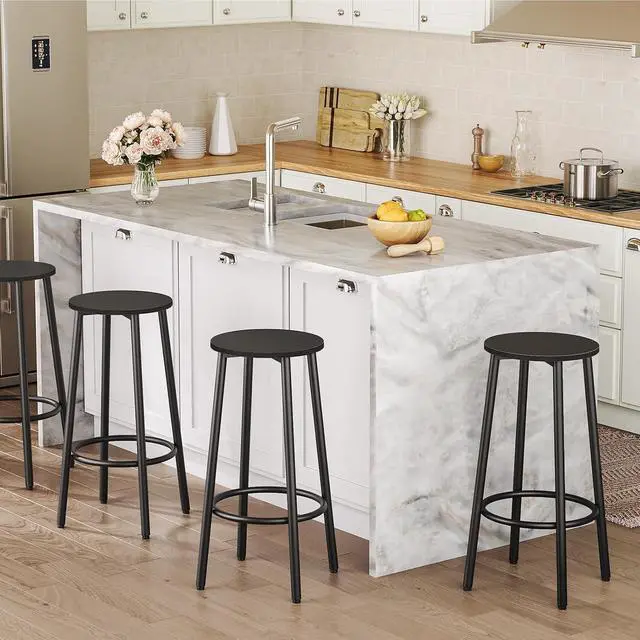 Alt view image 4 of 7 - Bar Stools, Set of 2 Bar Chairs, Kitchen Round Height Stools with Footrest, Breakfast Bar Stools, Sturdy Steel Frame, for Dining Room, Kitchen, Party, Easy Assembly, Black BK03BY01N1