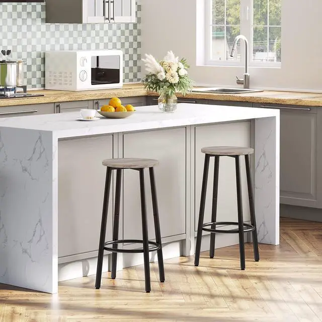 Alt view image 4 of 7 - Bar Stools, Set of 2 Bar Chairs, Kitchen Round Height Stools with Footrest, Breakfast Barstools, Sturdy Steel Frame, for Dining Room, Kitchen, Party, Easy Assembly, Greige BG03BY01
