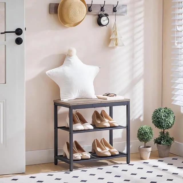 Alt view image 2 of 7 - Shoe Bench, 3-Tier Shoe Rack, Industrial Shoe Organizer Storage Bench, 19.7 inches Entry Bench with Mesh Shelves, for Entryway, Living Room, Hallway, Easy Assembly, Greige BG50HX01
