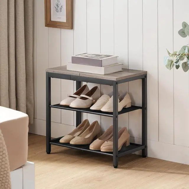 Alt view image 4 of 7 - Shoe Bench, 3-Tier Shoe Rack, Industrial Shoe Organizer Storage Bench, 19.7 inches Entry Bench with Mesh Shelves, for Entryway, Living Room, Hallway, Easy Assembly, Greige BG50HX01
