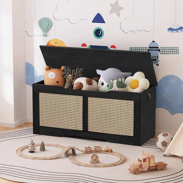 Alt view image 2 of 7 - Storage Bench, 43.3" Toy Box, Rattan-Like Storage Chest, Sturdy Entryway Bench Supports 220 lb, Toy Chest, Safety Hinge, U-Shaped Opening, Easy Assembly, Black BB22CW01