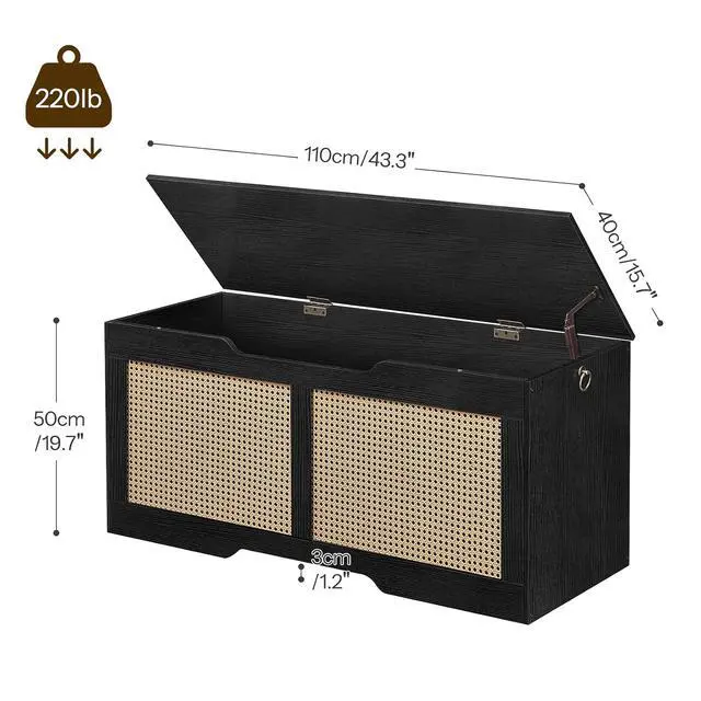 Alt view image 3 of 7 - Storage Bench, 43.3" Toy Box, Rattan-Like Storage Chest, Sturdy Entryway Bench Supports 220 lb, Toy Chest, Safety Hinge, U-Shaped Opening, Easy Assembly, Black BB22CW01