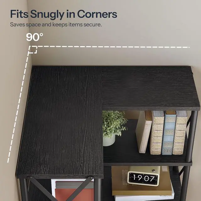 Alt view image 5 of 7 - Corner Bookshelf, 4-Tier L-Shaped Bookcase, Industrial Open Display Shelf Tall Storage Organizer, Vertical Storage Rack, for Living Room, Home Office, Black BB59SJ01