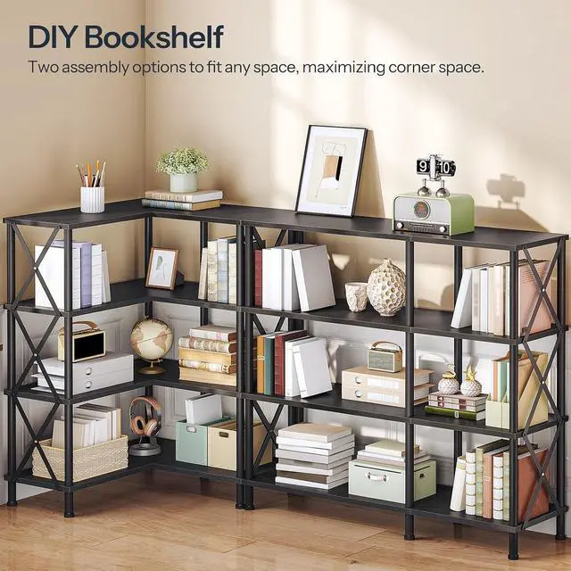 Alt view image 4 of 7 - Corner Bookshelf, 4-Tier L-Shaped Bookcase, Industrial Open Display Shelf Tall Storage Organizer, Vertical Storage Rack, for Living Room, Home Office, Black BB59SJ01