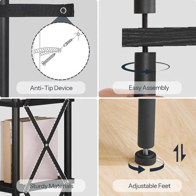 Alt view image 6 of 7 - Corner Bookshelf, 4-Tier L-Shaped Bookcase, Industrial Open Display Shelf Tall Storage Organizer, Vertical Storage Rack, for Living Room, Home Office, Black BB59SJ01