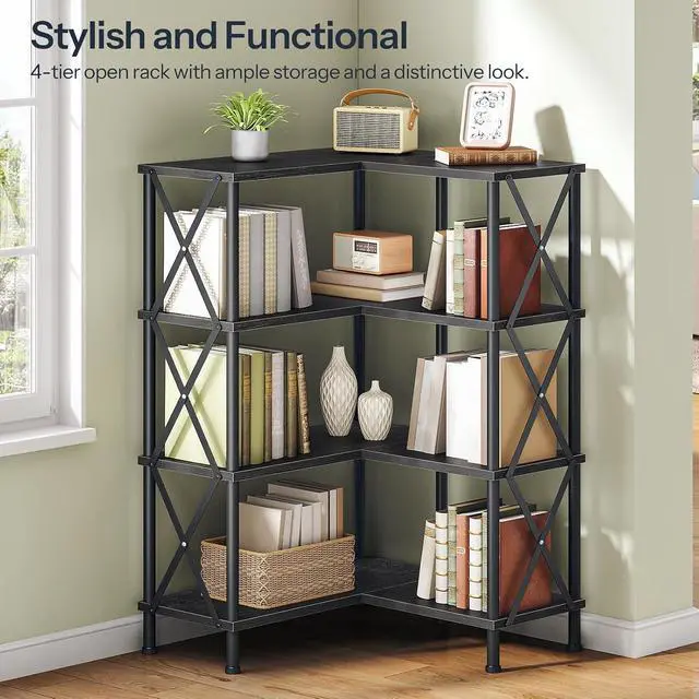 Alt view image 7 of 7 - Corner Bookshelf, 4-Tier L-Shaped Bookcase, Industrial Open Display Shelf Tall Storage Organizer, Vertical Storage Rack, for Living Room, Home Office, Black BB59SJ01