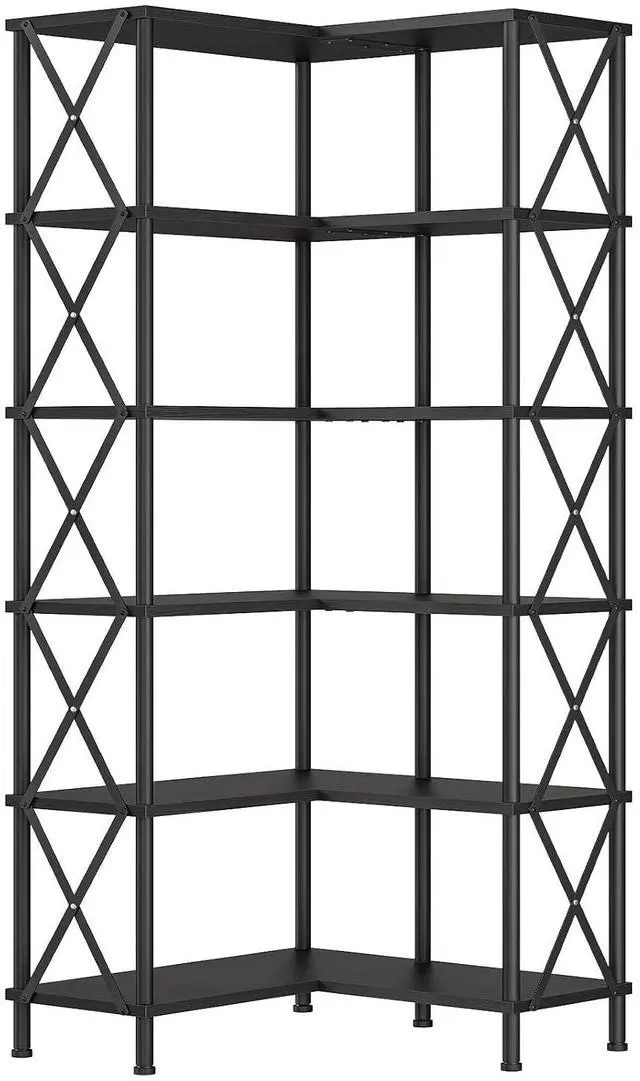 Main image of Corner Bookshelf, 6-Tier L-Shaped Bookcase, Industrial Open Display Shelf Tall Storage Organizer, Vertical Storage Rack, for Living Room, Home Office, Black BB61SJ01
