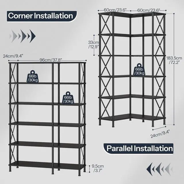 Alt view image 2 of 7 - Corner Bookshelf, 6-Tier L-Shaped Bookcase, Industrial Open Display Shelf Tall Storage Organizer, Vertical Storage Rack, for Living Room, Home Office, Black BB61SJ01