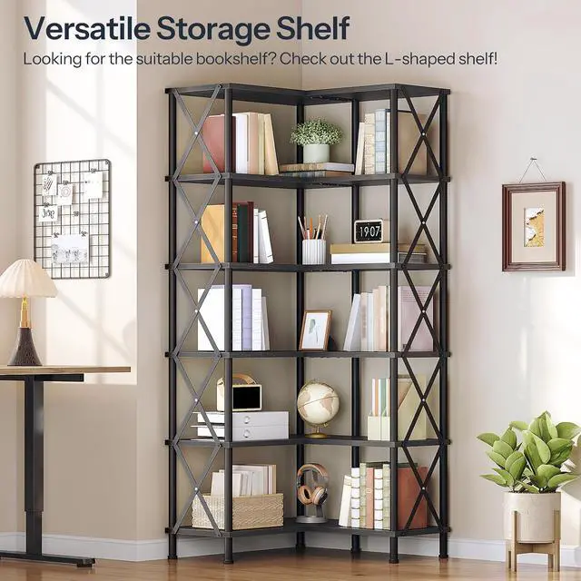 Alt view image 3 of 7 - Corner Bookshelf, 6-Tier L-Shaped Bookcase, Industrial Open Display Shelf Tall Storage Organizer, Vertical Storage Rack, for Living Room, Home Office, Black BB61SJ01