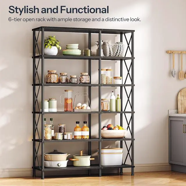 Alt view image 5 of 7 - Corner Bookshelf, 6-Tier L-Shaped Bookcase, Industrial Open Display Shelf Tall Storage Organizer, Vertical Storage Rack, for Living Room, Home Office, Black BB61SJ01