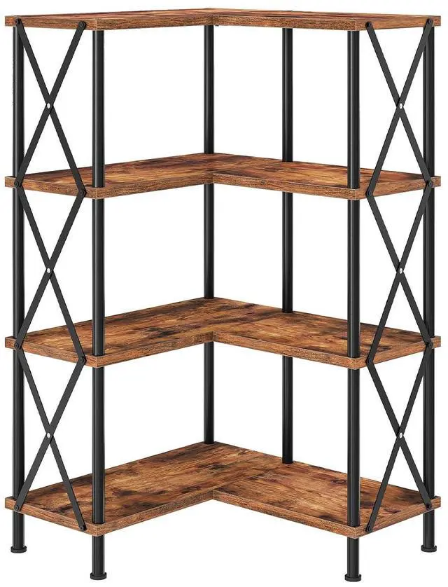 Main image of Corner Bookshelf, 4-Tier L-Shaped Bookcase, Industrial Open Display Shelf Tall Storage Organizer, Vertical Storage Rack, for Living Room, Home Office, Rustic Brown and Black BF59SJ01