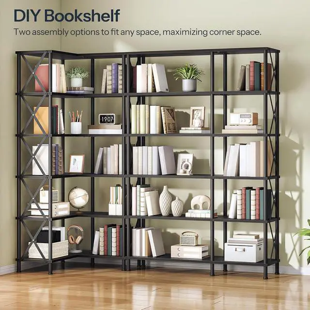 Alt view image 4 of 7 - Corner Bookshelf, 6-Tier L-Shaped Bookcase, Industrial Open Display Shelf Tall Storage Organizer, Vertical Storage Rack, for Living Room, Home Office, Black BB61SJ01