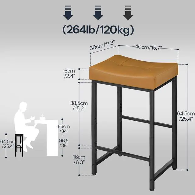 Alt view image 3 of 7 - Bar Stools,25.4" Saddle Stools with PU Upholstery, Counter Height Stools with Footrest, Kitchen Breakfast Chairs, for Dining Room, Cafe, Bar, Brown and Black CB23BY01