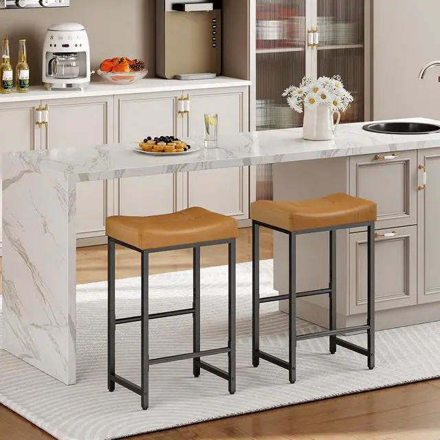 Alt view image 2 of 7 - Bar Stools,25.4" Saddle Stools with PU Upholstery, Counter Height Stools with Footrest, Kitchen Breakfast Chairs, for Dining Room, Cafe, Bar, Brown and Black CB23BY01