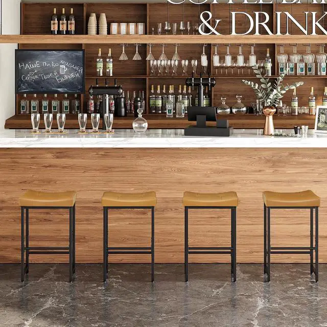 Alt view image 5 of 7 - Bar Stools,25.4" Saddle Stools with PU Upholstery, Counter Height Stools with Footrest, Kitchen Breakfast Chairs, for Dining Room, Cafe, Bar, Brown and Black CB23BY01