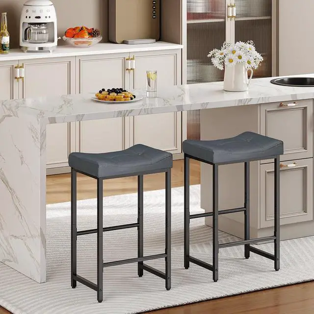 Alt view image 2 of 7 - Barstools,25.4" Saddle Stools with PU Upholstery, Counter Height Stools with Footrest, Kitchen Breakfast Chairs, for Dining Room, Cafe, Bar, Gray and Black BGZ23BY01
