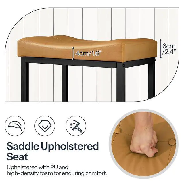 Alt view image 7 of 7 - Bar Stools,25.4" Saddle Stools with PU Upholstery, Counter Height Stools with Footrest, Kitchen Breakfast Chairs, for Dining Room, Cafe, Bar, Brown and Black CB23BY01