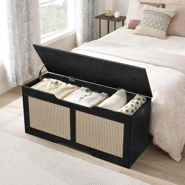 Alt view image 4 of 7 - Storage Bench, 43.3" Toy Box, Rattan-Like Storage Chest, Sturdy Entryway Bench Supports 220 lb, Toy Chest, Safety Hinge, U-Shaped Opening, Easy Assembly, Black BB22CW01