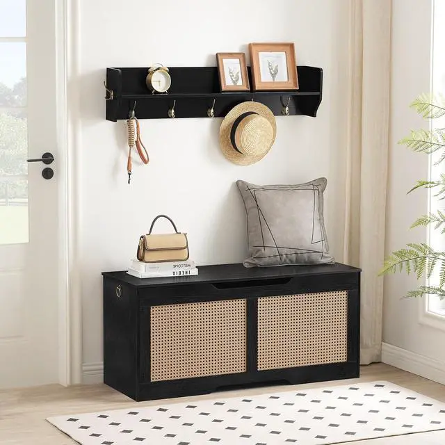 Alt view image 5 of 7 - Storage Bench, 43.3" Toy Box, Rattan-Like Storage Chest, Sturdy Entryway Bench Supports 220 lb, Toy Chest, Safety Hinge, U-Shaped Opening, Easy Assembly, Black BB22CW01