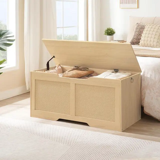 Alt view image 2 of 7 - Storage Bench, 43.3" Toy Box, Rattan-Like Storage Chest, Sturdy Entryway Bench Supports 220 lb, Toy Chest, Safety Hinge, U-Shaped Opening, Easy Assembly, Natural NL22CW01