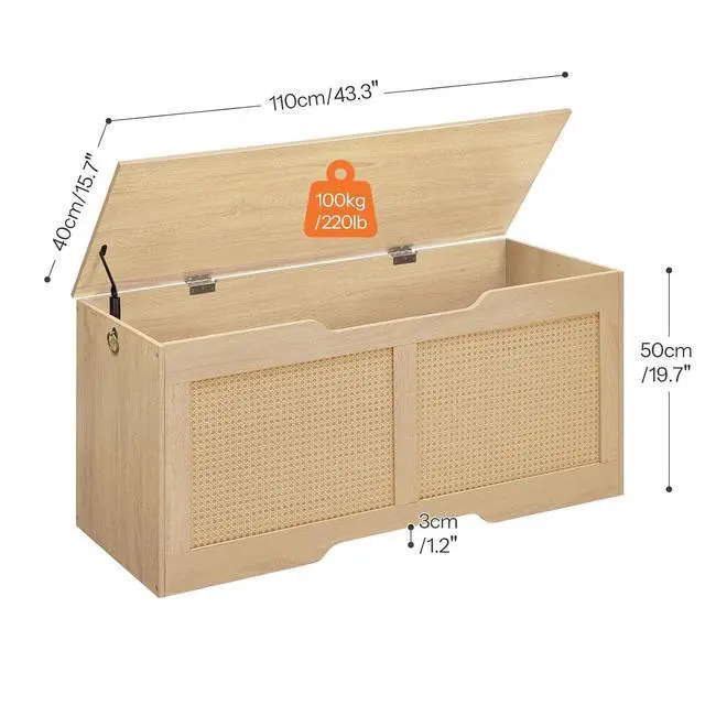Alt view image 3 of 7 - Storage Bench, 43.3" Toy Box, Rattan-Like Storage Chest, Sturdy Entryway Bench Supports 220 lb, Toy Chest, Safety Hinge, U-Shaped Opening, Easy Assembly, Natural NL22CW01