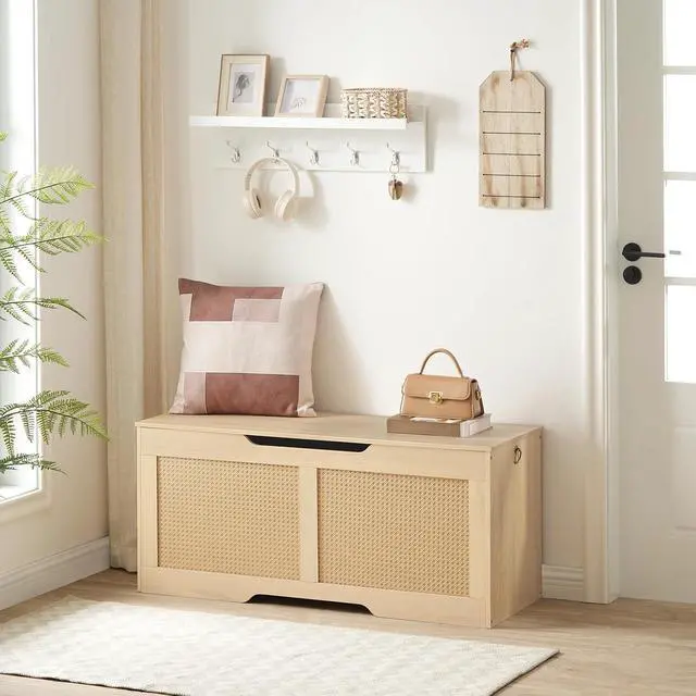 Alt view image 5 of 7 - Storage Bench, 43.3" Toy Box, Rattan-Like Storage Chest, Sturdy Entryway Bench Supports 220 lb, Toy Chest, Safety Hinge, U-Shaped Opening, Easy Assembly, Natural NL22CW01