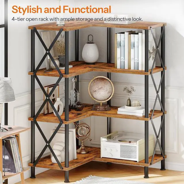 Alt view image 3 of 7 - Corner Bookshelf, 4-Tier L-Shaped Bookcase, Industrial Open Display Shelf Tall Storage Organizer, Vertical Storage Rack, for Living Room, Home Office, Rustic Brown and Black BF59SJ01