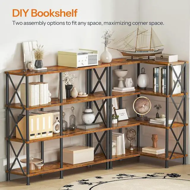 Alt view image 4 of 7 - Corner Bookshelf, 4-Tier L-Shaped Bookcase, Industrial Open Display Shelf Tall Storage Organizer, Vertical Storage Rack, for Living Room, Home Office, Rustic Brown and Black BF59SJ01