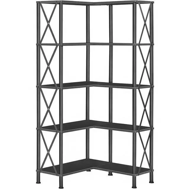 Main image of Corner Bookshelf, 5-Tier L-Shaped Bookcase, Industrial Open Display Shelf Tall Storage Organizer, Vertical Storage Rack, for Living Room, Home Office, Black BB60SJ01