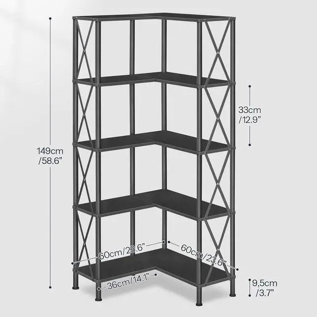 Alt view image 2 of 7 - Corner Bookshelf, 5-Tier L-Shaped Bookcase, Industrial Open Display Shelf Tall Storage Organizer, Vertical Storage Rack, for Living Room, Home Office, Black BB60SJ01