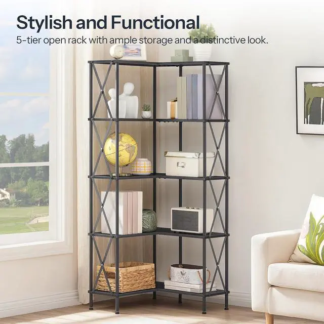 Alt view image 3 of 7 - Corner Bookshelf, 5-Tier L-Shaped Bookcase, Industrial Open Display Shelf Tall Storage Organizer, Vertical Storage Rack, for Living Room, Home Office, Black BB60SJ01