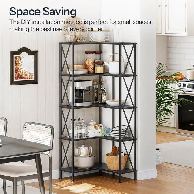 Alt view image 4 of 7 - Corner Bookshelf, 5-Tier L-Shaped Bookcase, Industrial Open Display Shelf Tall Storage Organizer, Vertical Storage Rack, for Living Room, Home Office, Black BB60SJ01