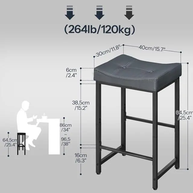 Alt view image 3 of 7 - Barstools,25.4" Saddle Stools with PU Upholstery, Counter Height Stools with Footrest, Kitchen Breakfast Chairs, for Dining Room, Cafe, Bar, Gray and Black BGZ23BY01