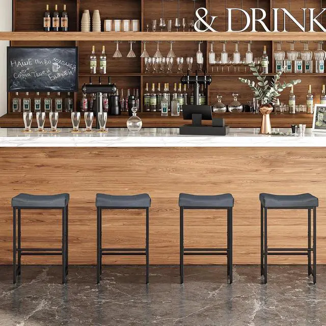 Alt view image 5 of 7 - Barstools,25.4" Saddle Stools with PU Upholstery, Counter Height Stools with Footrest, Kitchen Breakfast Chairs, for Dining Room, Cafe, Bar, Gray and Black BGZ23BY01