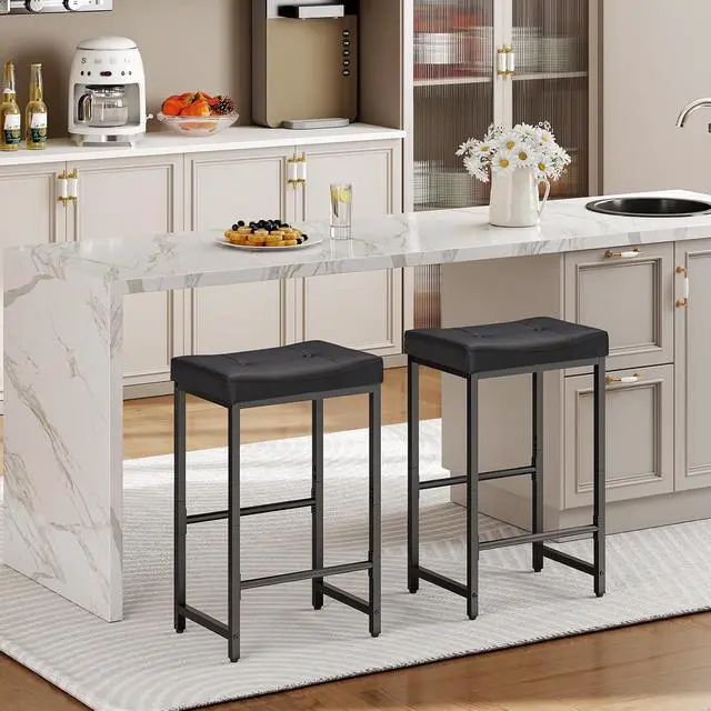 Alt view image 2 of 7 - Bar Stools,25.4" Saddle Stools with PU Upholstery, Counter Height Stools with Footrest, Kitchen Breakfast Chairs, for Dining Room, Cafe, Bar, Black BB23BY01