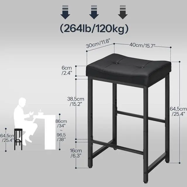 Alt view image 3 of 7 - Bar Stools,25.4" Saddle Stools with PU Upholstery, Counter Height Stools with Footrest, Kitchen Breakfast Chairs, for Dining Room, Cafe, Bar, Black BB23BY01