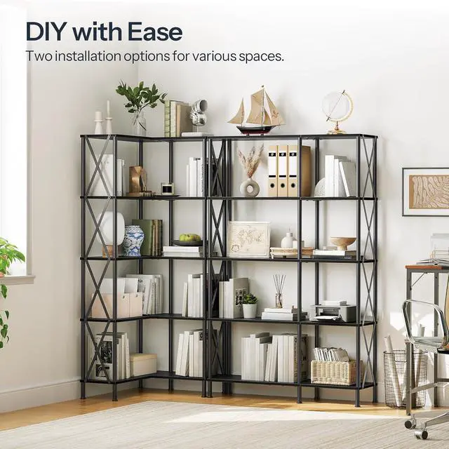 Alt view image 5 of 7 - Corner Bookshelf, 5-Tier L-Shaped Bookcase, Industrial Open Display Shelf Tall Storage Organizer, Vertical Storage Rack, for Living Room, Home Office, Black BB60SJ01